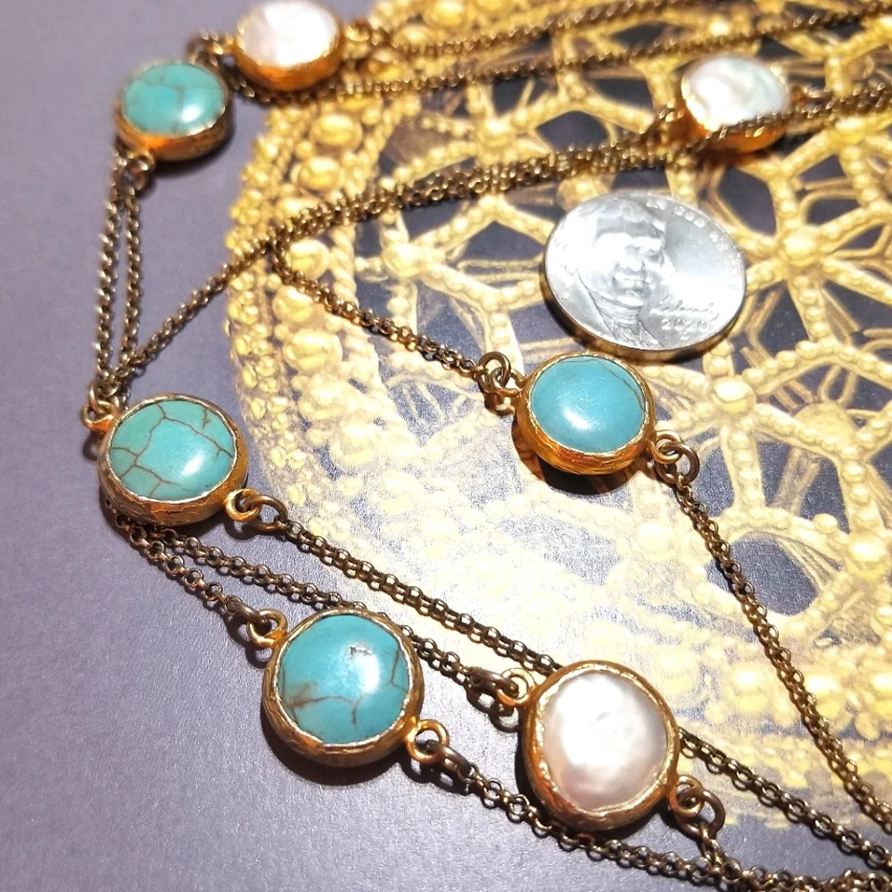 VTG 44" Gold Vermeil Turquoise & Coin Pearl Station Necklace - Picture 5 of 6